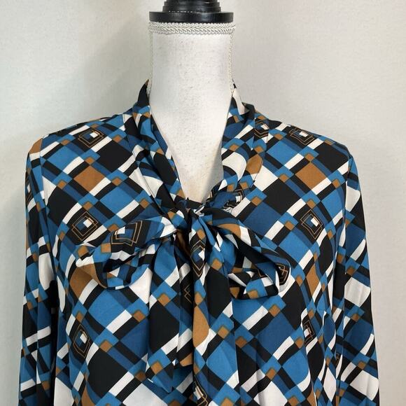 Nine West Blouse Tunic size Medium Blue Brown Bow Neck Tie Career Modest Church - Picture 4 of 8